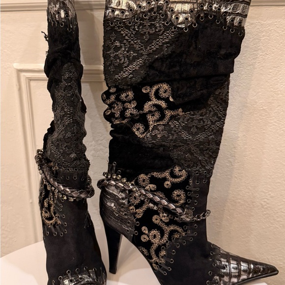 El Dante’s Handmade Leather Tall Boots, Mixed Media, Patchwork, Bohemian, Moto - Picture 3 of 13